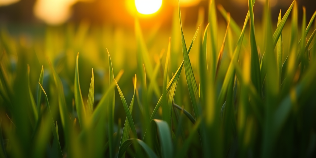 Create a detailed illustration of lush green grass at sunset, using a shallow depth of field, focus on the blades with a bokeh background, captured with a DSLR camera at f/2.8, 50mm lens, ISO 100, and a low angle view to highlight the texture and vibrant color of the grass.