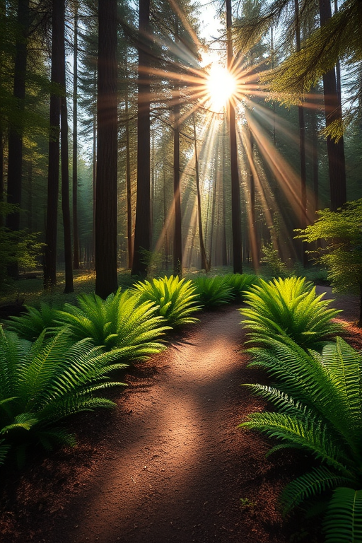 Generate a serene forest landscape with rays of sunlight piercing through the dense canopy, highlighting lush green ferns along a winding dirt path, captured with a Canon EOS R5, 24mm lens, aperture f/8, ISO 200, in early morning light for enhanced detail and vibrant colors.