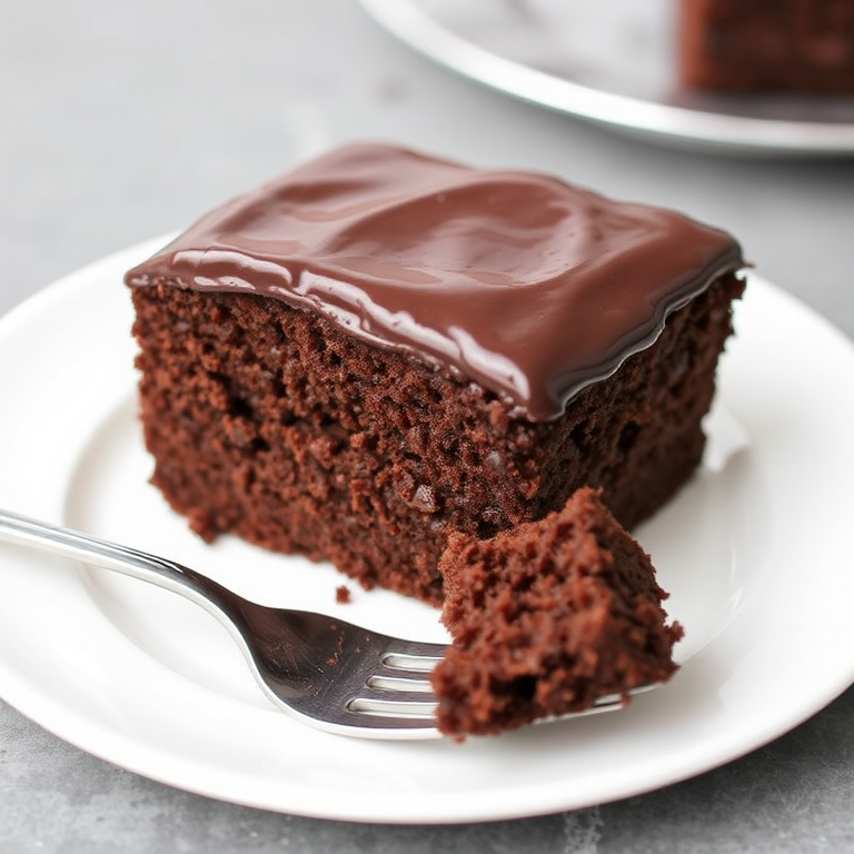A slice of rich chocolate cake with a glossy chocolate ganache on top served on a white plate with a fork and a bite taken out of the cake showing its moist texture.