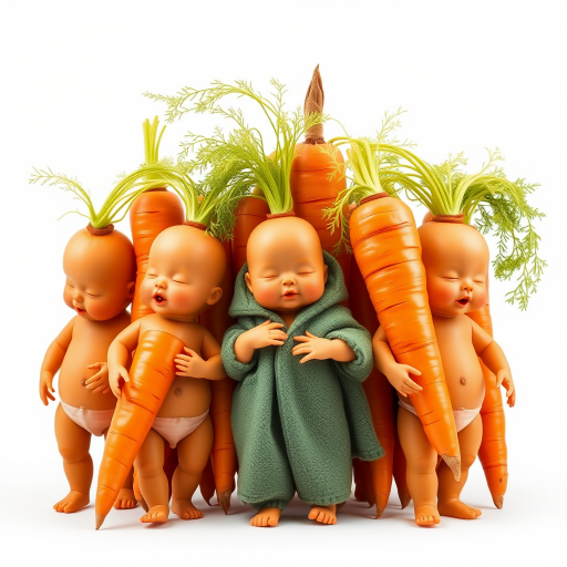 A bunch of carrots in the form of anthropomorphic babies.