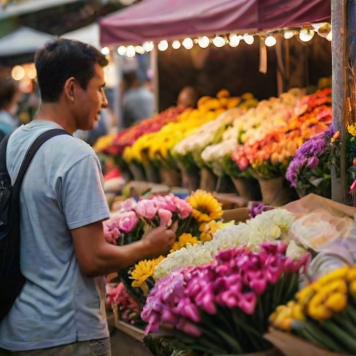 Blurry candid shot of a street vendor selling colorful bouquets at a bustling farmer's market, soft glow from nearby string lights illuminating the vibrant petals, with distant pedestrians milling about.