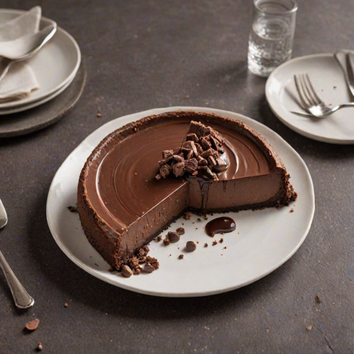 Create an image of a rich chocolate cheesecake on a round white plate. The cheesecake should have a smooth, glossy surface with a slice partially removed to reveal its creamy interior. The crust should be a dark, crumbly layer at the bottom, contrasting with the light chocolate color of the filling. The background should be a simple, elegant kitchen setting.