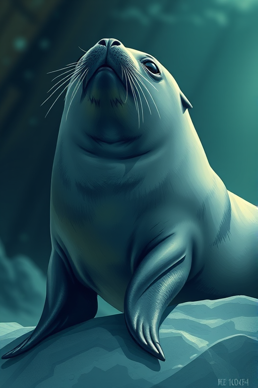 regenerate a detailed illustration of a seal in a natural pose, low angle view, soft lighting, high resolution, ISO 100, f/8 aperture, 50mm lens, digital illustration style