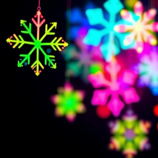 Create a vibrant digital artwork featuring colorful neon snowflakes hanging from the top against a black background, with bokeh lights in various colors for added depth, captured using a DSLR camera with a 50mm lens, aperture set at f/1.8, ISO 100, and a shallow depth of field for a soft focus effect.