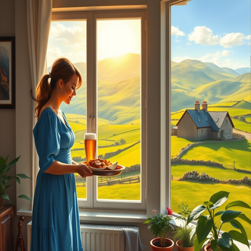 In "A Glass of Beer on the Highland," a serene scene is depicted in a sunlit room where a woman in a vibrant blue dress stands by a large window. She holds a tray with a hearty meal and a frothy glass of beer, embodying a moment of relaxation. Outside, the breathtaking highland landscape features rolling green hills and a charming traditional house, all bathed in warm afternoon light. The interior is adorned with potted plants, creating a harmonious blend of comfort and nature. The painting beautifully captures the tranquility and joy found in simple pleasures amidst stunning scenery