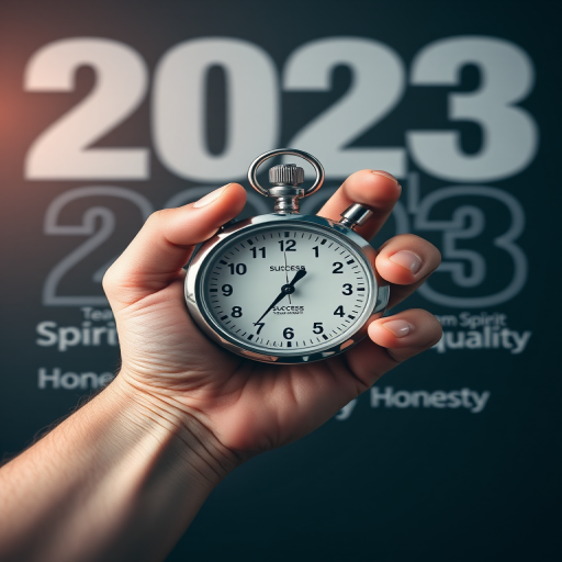 Create an image of a hand holding a stopwatch with the year 2023 displayed prominently in the background, include graphs and keywords like "Success", "Team Spirit", "Quality", and "Honesty" artistically integrated, using a DSLR camera with a 50mm lens, aperture f/1.8, ISO 100, natural lighting, and a shallow depth of field for enhanced focus and clarity.