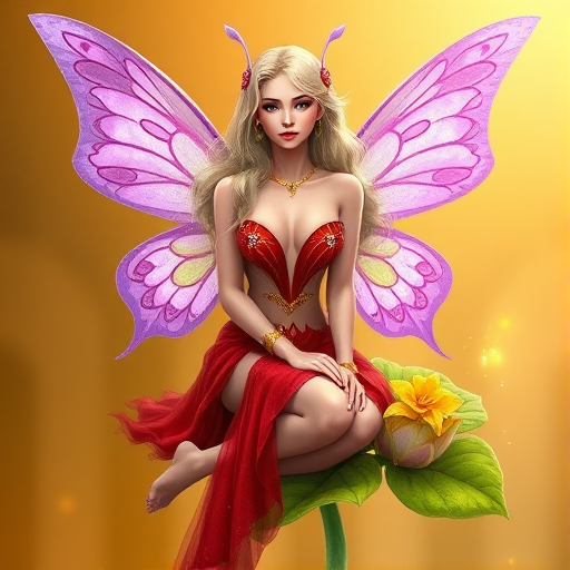 A digital artwork features a winged fairy with delicate Lilac butterfly wings, adorned with intricate Lilac andDaffodil patterns. She is seated on a vibrant Shamrock flower, wearing a revealing red two-piece outfit with sparkling beadwork. Her fair skin, long blonde hair, and gold jewelry add to her ethereal appearance. The background is a warm, golden gradient, creating a magical atmosphere. Small glowing orbs and sparkles surround the flower, enhancing the enchanting, highly detailed, and realistic scene.