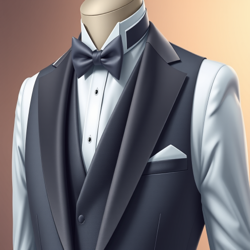 Create a highly detailed digital illustration of a formal tuxedo with a gray vest and tie, set against a soft gradient background, captured with a Canon EOS R5 at f/2.8, ISO 100, 1/200s, using a macro lens for sharpness and clarity, showcasing texture and fabric detail.