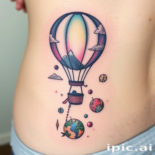 Illustrative tattoo titled "Whimsical Wanderlust" depicting a fantastical hot air balloon journey through dreamlike landscapes, with miniature worlds suspended in bubbles trailing behind, combining fine linework with soft, pastel watercolor effects, perfect for ribcage or thigh placement