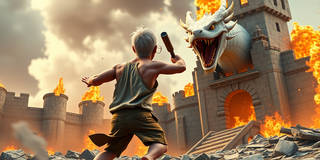 Cartoon 3D High-Resolution,dynamic battle scene using Unreal Engine 5 and Octane Render. The scene features back of an elderly, thai man with a beard,messy hair and round golden-rimmed glasses. He is wearing a tattered tank top with soot marks, shorts, and sandals. sweating. he wields a baseball bat. He jump to fight with a white fire-breathing Europe dragon amidst a partially destroyed stone castle. Include intense flames, smoke, and debris to enhance the dramatic effect.