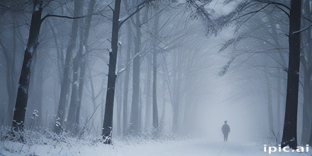 Solitary Figure Walking Through a Snow-Covered Forest in Winter Mist