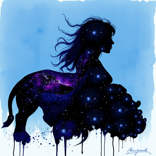 Captivating conceptual render alcohol ink art, double exposure, the paint strokes artfully merge combining a woman's full silhouette with a Lounging hippo's silhouette. The figures are composed of a series of colored dots, lines & spots that evoke the image of a cosmic galaxy, colors are deep shades of blue purple & black with flashes of white & silver representing distant stars. The woman's silhouette is formed within the lion's silhouette from constellations of scattered stars, surreal