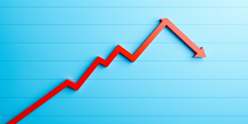 Create a high-resolution image of a downward trend graph with a bold red zigzag line against a cool blue background featuring subtle horizontal stripes, captured with a DSLR camera at f/5.6, ISO 100, 50mm lens, in a vibrant color style.