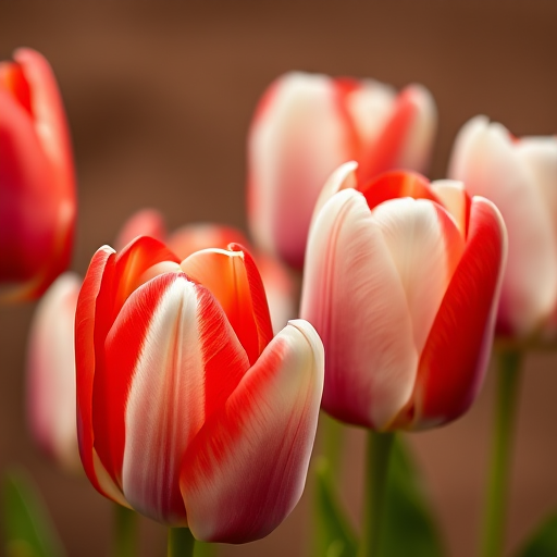 Close-up shot of red and white tulips with a blurred brown background, using a DSLR camera, 50mm lens, f/2.8 aperture, ISO 100, soft natural lighting to enhance colors and details.