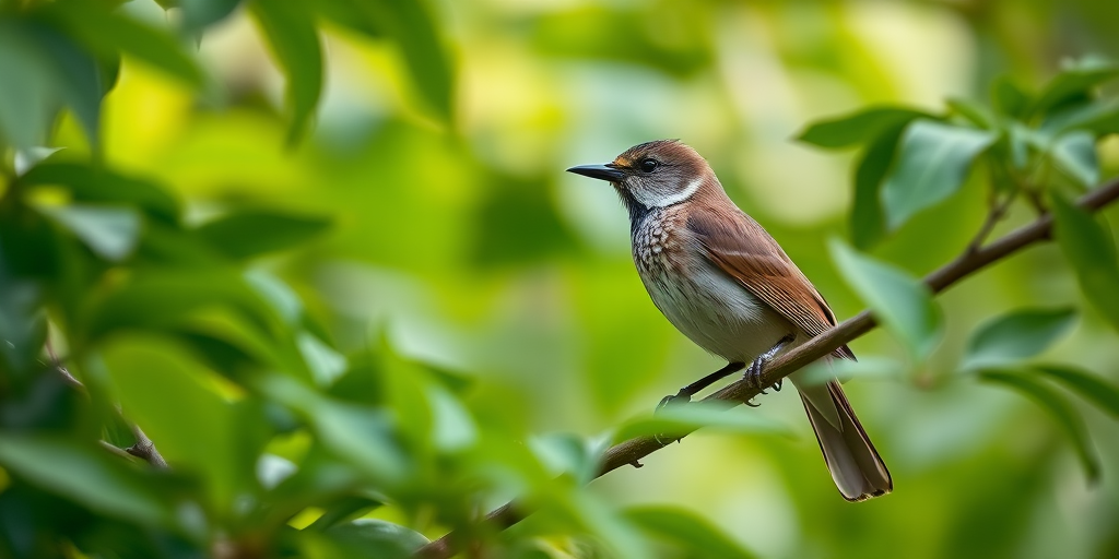 A detailed image of a bird perched on a branch surrounded by lush green leaves, shot with a Canon EOS 5D Mark IV, 300mm lens, f/4 aperture, ISO 400, 1/200s shutter speed, natural lighting, shallow depth of field, soft bokeh background.