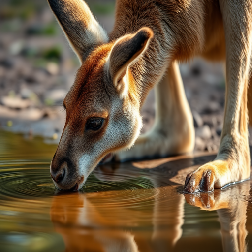 A close-up shot of a kangaroo drinking water from a shallow pool, captured with a DSLR camera at f/2.8 aperture, 1/200 sec shutter speed, ISO 200, using a 50mm lens, with a soft focus background and natural lighting to enhance details and texture.