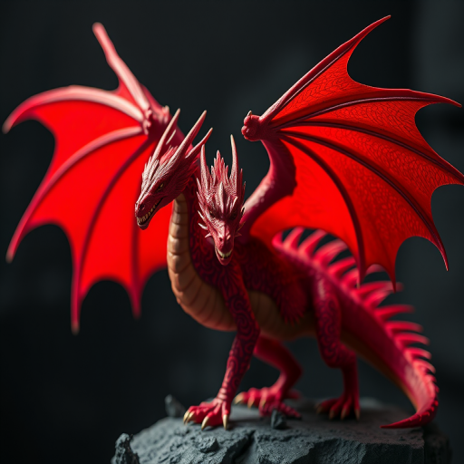 Regenerate a highly detailed and vibrant image of a majestic red dragon with intricately designed wings, set against a softly blurred dark background; use a Canon EOS R5 with a 50mm f/1.2 lens, aperture set to f/2.8 for shallow depth of field, ISO 100 for high image clarity, and a combination of soft and directional lighting to enhance texture and color contrast.