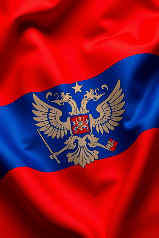 Create an image featuring the Russian coat of arms overlaid on a wavy background of the Russian flag, captured with a DSLR camera at f/8, ISO 100, 1/125s, using a wide-angle lens, in HDR style, emphasizing vibrant colors and intricate details of the emblem.
