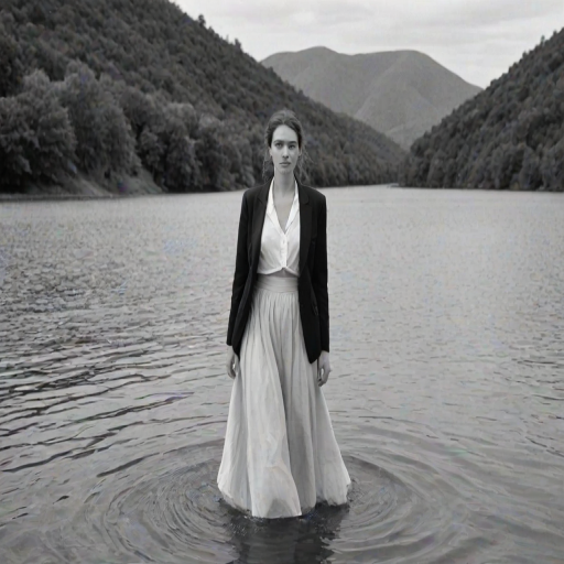 a woman standing in a body of water, wearing a black blazer and a flowing skirt, in black and white, with natural scenery in the background and a calm expression