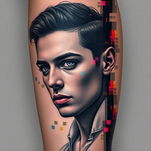 Edgy "Glitch Art Realism" tattoo approach combining hyper-realistic portraiture with intentional digital distortions and pixelation effects, using a palette of muted grays and pops of vivid RGB colors to create a striking contrast between the lifelike details and the surreal, tech-inspired glitches, resulting in a thought-provoking piece that blurs the line between traditional and digital art
