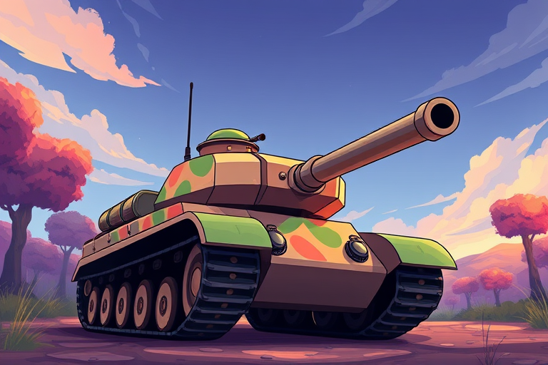 Create a high-quality illustration of a cartoon tank from a low-angle perspective with vibrant colors, using a digital art style, high resolution, f/8 aperture, 35mm lens, and soft natural lighting.