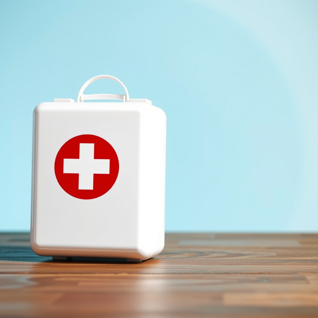 Create a high-resolution image of a first aid kit with a red cross on a white background, set against a light blue circular backdrop, captured with a DSLR camera at f/5.6 aperture, ISO 100, 1/250 sec shutter speed, using a macro lens for sharp detail and vibrant color reproduction.
