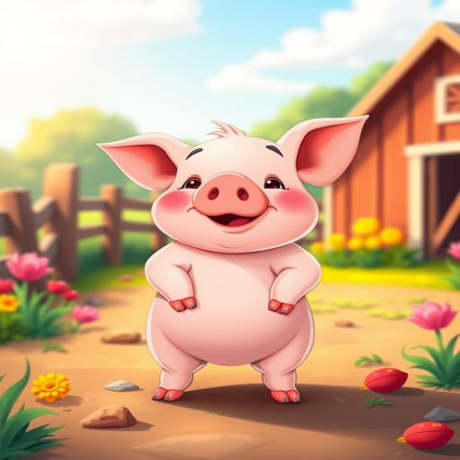 Create a digital illustration of a cartoon pig standing on all fours in a vibrant farm setting, using a Canon EOS R camera with a 50mm f/1.8 lens, set at ISO 100, aperture f/4, and shutter speed 1/200s, focusing on a bright color palette and smooth textures for enhanced image quality.
