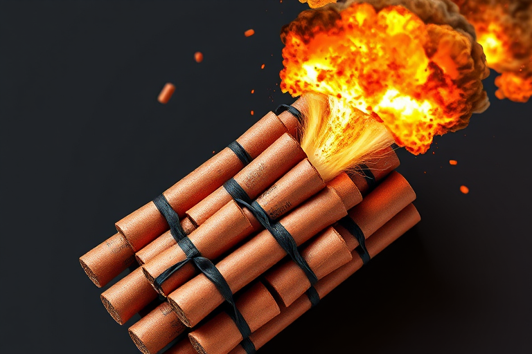 Create a highly detailed digital illustration of a bundle of dynamite sticks with an explosion effect at the top, captured with a DSLR camera at f/2.8 aperture, ISO 100, 50mm lens, top-down view, in high resolution.
