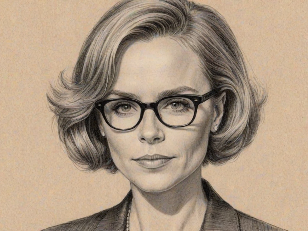 Attractive Amy Madigan, pencil sketch, portrait of Stunning woman 1950s in glasses, hair style beatnik, outline, clear lines, fine lines, 8k