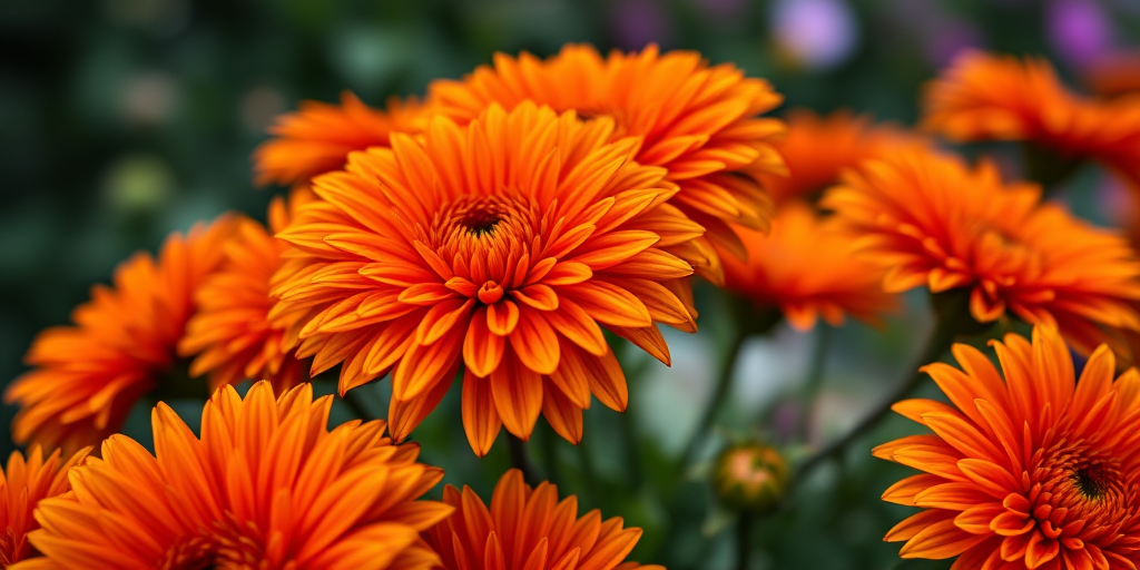 Close-up of vibrant orange chrysanthemums in full bloom, taken with a Canon EOS 5D Mark IV, 50mm lens, aperture f/2.8, ISO 100, natural lighting, shallow depth of field, focusing on the texture and colors of the flowers.