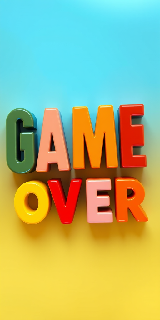 Create a vibrant digital artwork featuring the text "GAME OVER" in bold, colorful 3D letters with a glossy finish, using a Canon EOS R5 camera with a 50mm lens, f/1.8 aperture, 1/125 shutter speed, and ISO 100; capture the image from a slightly angled top-down view to highlight the depth and colors.