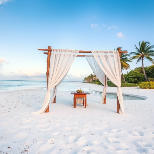 Create a picturesque tropical beach scene featuring a serene, white sandy shore. In the foreground, there's a rustic wooden canopy with white drapes gently flowing in the breeze. Underneath the canopy, a table is set with tropical decor, evoking a sense of relaxation and leisure. The beach extends into a calm, shallow water area with reflections of the sky and surroundings. Palm trees and lush greenery line the edge of the beach, providing a natural, tropical backdrop. The sky is clear with a few scattered clouds, and the overall atmosphere is tranquil and inviting, perfect for a peaceful retreat.