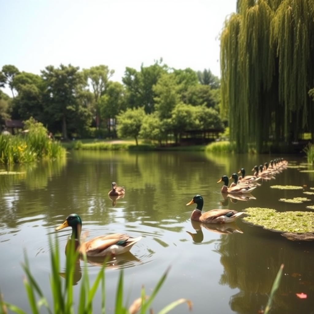 Generate an image of a serene pond with a line of ducks swimming calmly, amidst lush greenery on both sides, captured using a DSLR camera with a 50mm lens, aperture at f/2.8, ISO 100, and a shutter speed of 1/250s, in bright daylight from a low angle view to enhance depth and clarity.