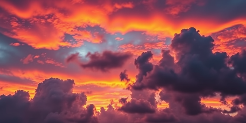 A vibrant sunset over dramatic clouds with iridescent colors captured at f/8 aperture, ISO 100, 1/60 sec shutter speed using a full-frame DSLR camera from a low angle perspective, wide-angle lens, emphasizing the cloud formations and colors.