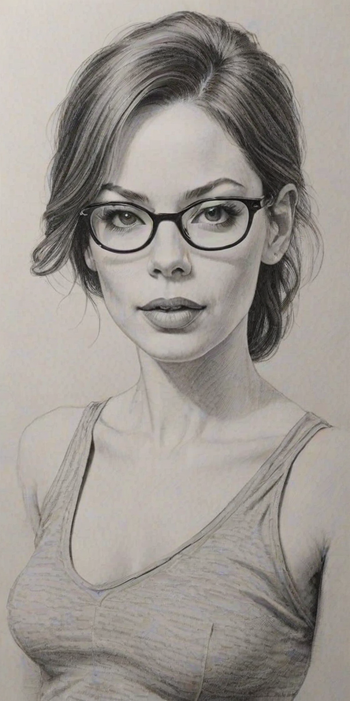 Fascinating Rose McGowan, pencil sketch, portrait of Delightful woman 1972s in glasses, hair style beatnik, outline, clear lines, fine lines, 8k