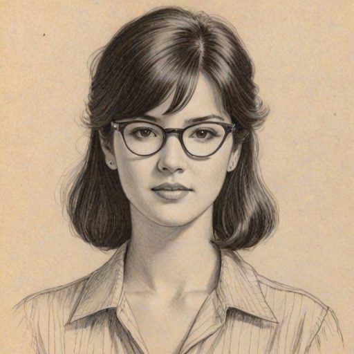 Captivating Phoebe Cates, pencil sketch, portrait of Wonderful woman 1935s in glasses, hair style beatnik, outline, clear lines, fine lines, 8k