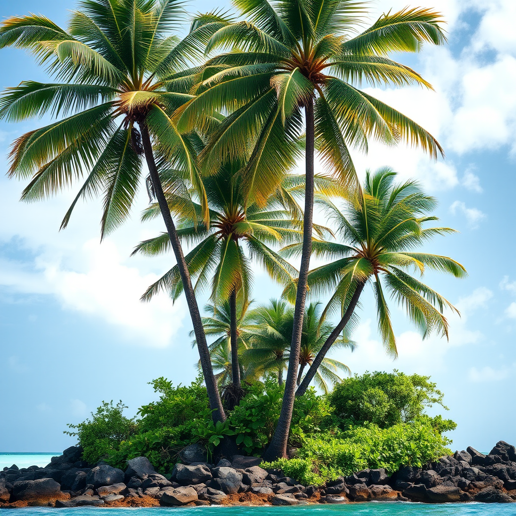 tropical island scene with three tall palm trees surrounded by lush greenery and rocky terrain, captured with a DSLR camera at f/8 aperture, ISO 100, 50mm lens, using a wide-angle view for depth and clarity, bright natural lighting to enhance colors.
