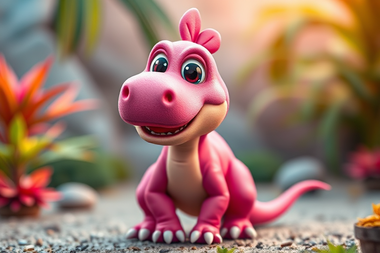Create a vibrant cartoon-style image of a playful pink dinosaur, shot with a DSLR camera at f/8 aperture, ISO 100, 50mm lens, vibrant colors, front view, with a soft focus on the background for depth.