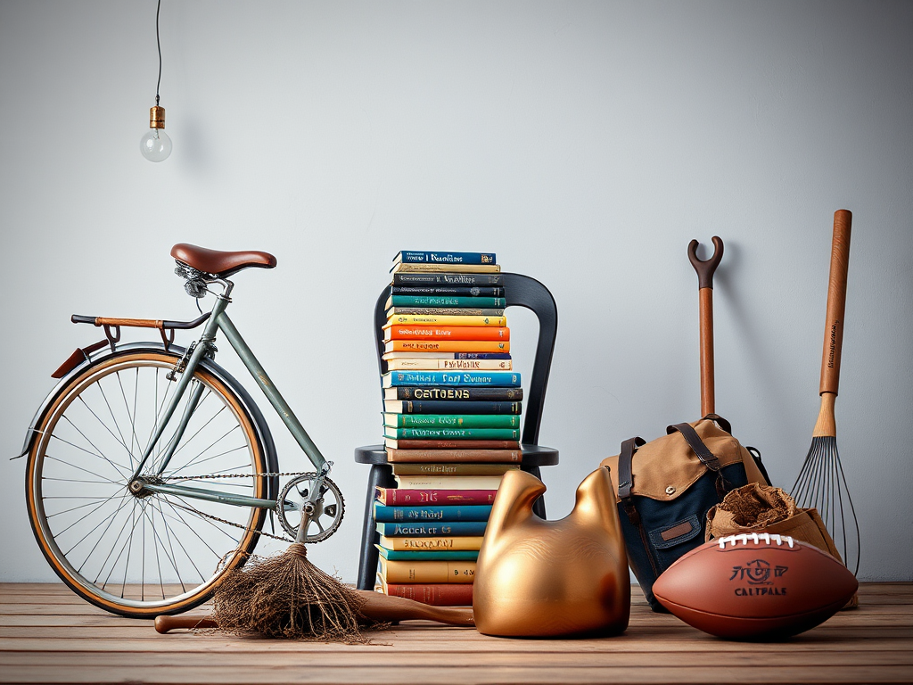 still life composition featuring a vintage bicycle, a stack of colorful books, a chair, a lamp, a rake, a bag, and a football, shot with a Canon EOS R5, 50mm lens, f/2.8 aperture, ISO 100, in natural light, with a shallow depth of field to create a blurred background effect.