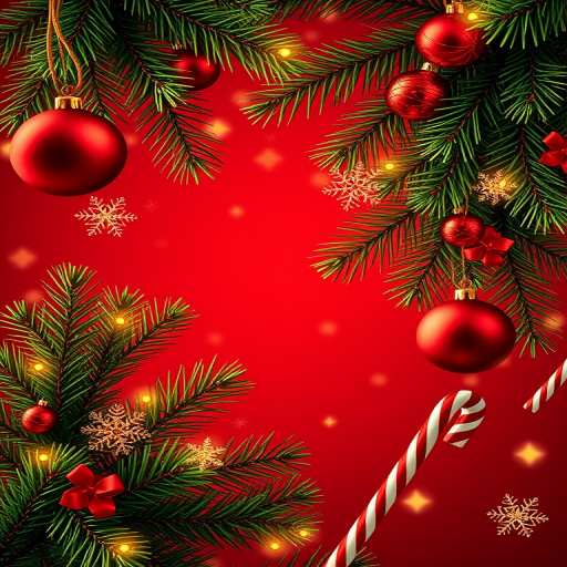 Create a festive Christmas background featuring lush green pine branches adorned with bright red ornaments and sparkling lights. Include delicate golden snowflakes and candy canes, with a deep red backdrop filled with soft glowing stars and a warm holiday ambiance.