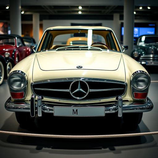 Classic Mercedes-Benz car on display in a museum, captured with a DSLR camera at f/2.8 aperture, ISO 200, shutter speed 1/60s, 50mm lens, front view, soft lighting, high resolution.