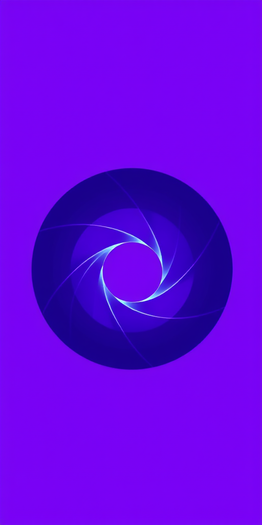 Create an image of a stylized camera aperture icon centered in a circular design with a gradient purple background, using a DSLR camera with a 50mm lens, aperture set to f/1.8, ISO 100, and shutter speed 1/200s for clarity and depth of field.