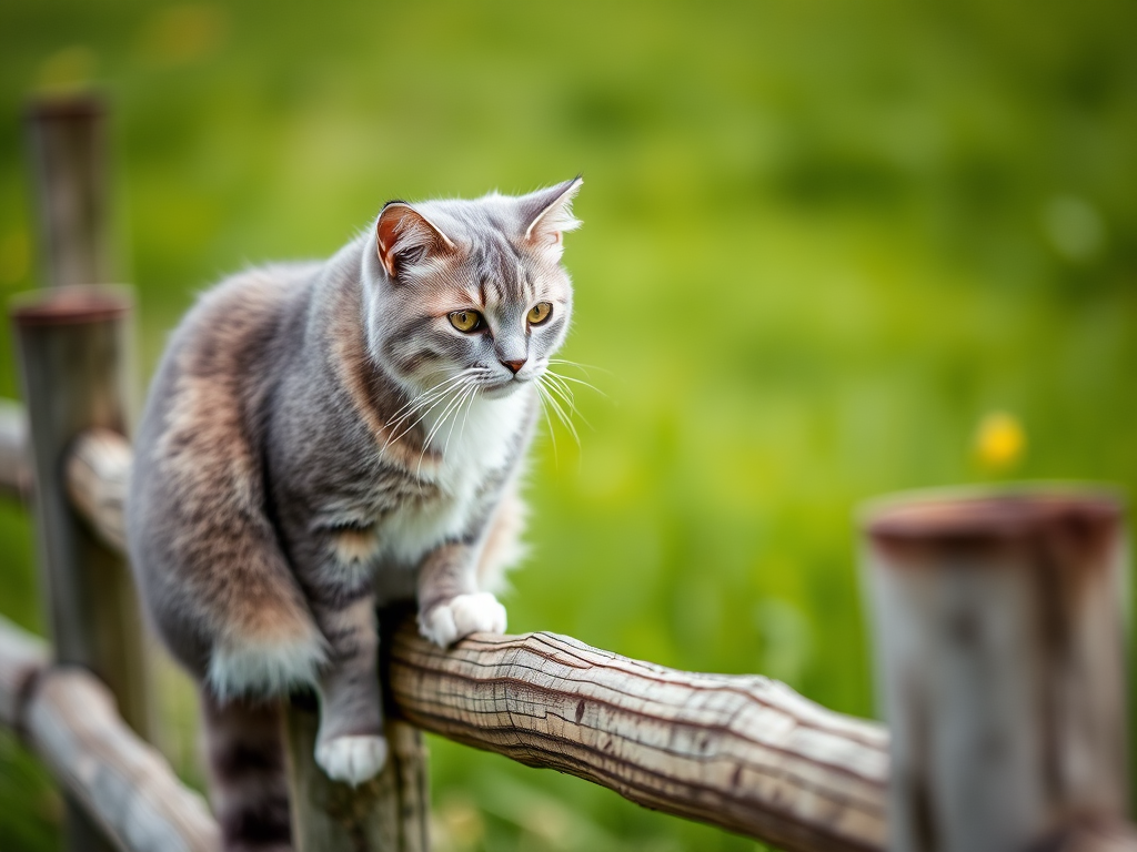 A detailed shot of a gray and white cat sitting on a wooden fence in a lush green field, using a DSLR camera with 50mm lens, aperture f/1.8, ISO 200, natural light, capturing soft background blur and vibrant colors.