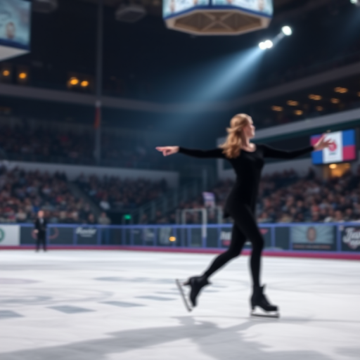 Blurry action shot of a figure skater spinning on the ice, their silhouette captured in motion, distant spectators watching in awe, soft light from arena spotlights reflecting off the ice, and the sound of blades cutting through the rink.