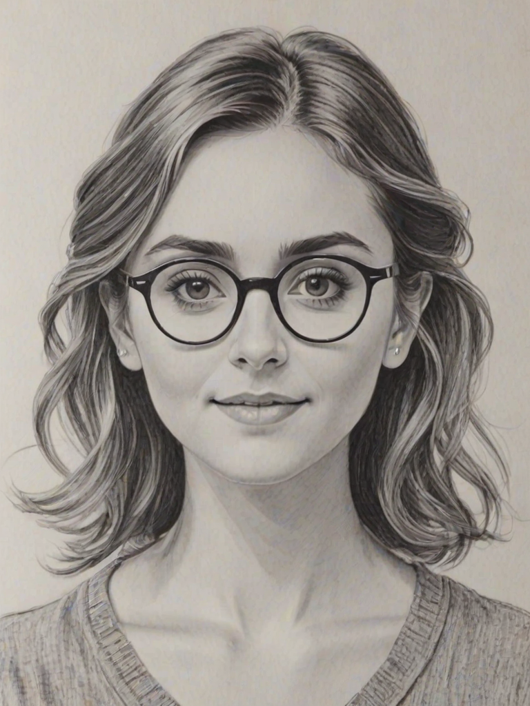 Comely Alyson Stoner, pencil sketch, portrait of Radiant woman 1957s in glasses, hair style beatnik, outline, clear lines, fine lines, 8k