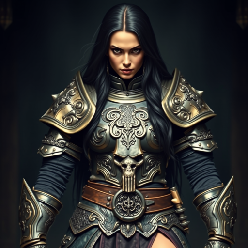 Create a photo of a fierce Circassian female warrior with long black hair, wearing an ornate, metallic armor. The armor includes a breastplate with intricate designs, shoulder guards, and gauntlets. The breastplate is decorated with a central emblem, possibly representing a mythical symbol, and has a sculpted, form-fitting design. She wears a belt with a large skull ornament at the center, and her armor extends into a partial skirt, revealing one leg. The overall look is both protective and stylish, with a dark, gothic aesthetic. The background is dimly lit, suggesting a medieval or fantasy setting, enhancing the warrior's imposing presence and intense expression.