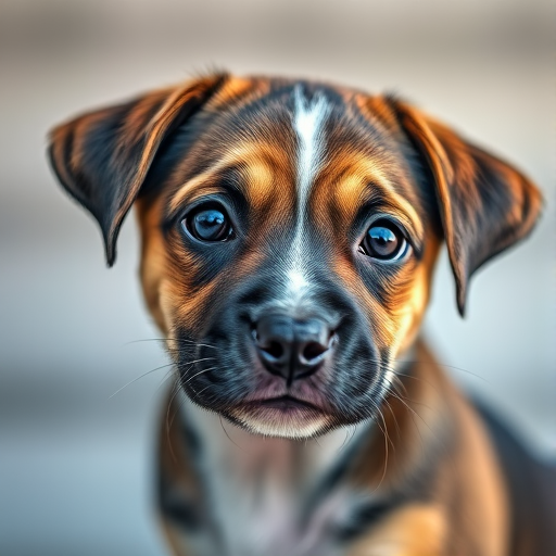 Create a high-resolution image of a detailed and realistic puppy portrait, using a DSLR camera with a 50mm lens, aperture set to f/1.8 for shallow depth of field, ISO 100, soft natural lighting, with a shallow focus on the face and a blurred background.