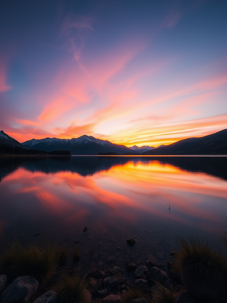 Create a high-resolution image of a serene landscape with mountains in the background, vibrant sunset colors reflecting on a calm lake, taken with a Canon EOS R5 at f/11, ISO 100, shutter speed 1/125s, using a wide-angle lens from a low angle perspective.