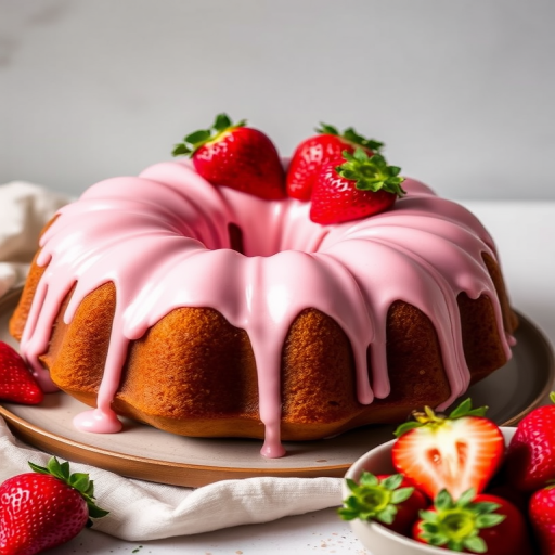A beautifully decorated bundt cake with a smooth pink strawberry frosting drizzled over the top and adorned with fresh strawberries, set against a light background with additional strawberries in a bowl.