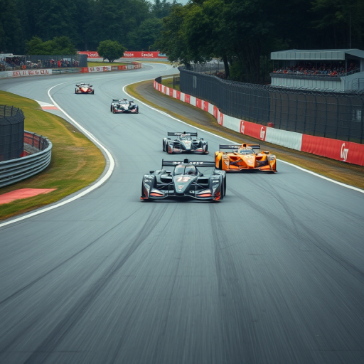 Race cars on a track, high-speed action shot, f-stop 5.6, shutter speed 1/1000 sec, ISO 400, 24mm lens, shot from a low angle viewpoint, using a DSLR camera with continuous shooting mode.